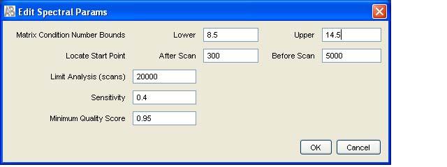 The Edit Spectral Params window opens. b. Change the condition number boundary in the Lower field from 8.5 to 7.