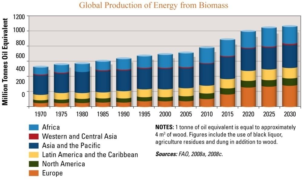 Figure 1. Historic and projected global production of energy from biomass by the United Nations Food & Agriculture Organization.