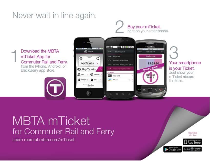 Rail and Transit Innovation MBTA Countdown Sign Installation Timeline 11/1/2012 11/30/2012 1/13 Mobile Ticketing App Released to Stores North Side Launch (Single/10- Ride Tickets Only) Marketing