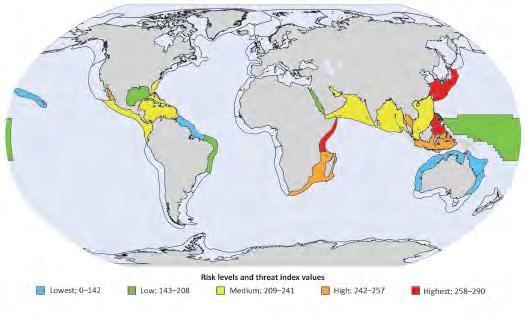 Ecosystem health: Reefs at risk index When integrated local threat is combined with past thermal stress (1998-2007)- the propor9on of LMEs with 50 per cent or more of their coral reef area at high or