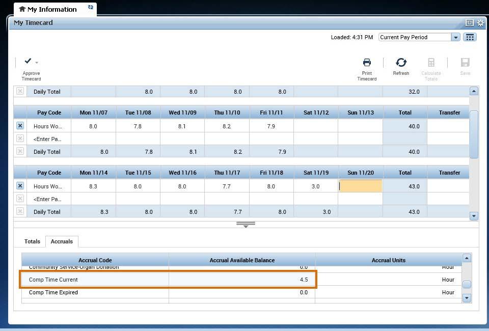 Accruals Tab: Hours Available The Accruals tab shows the number of leave hours available for each accrual code as of the date selected in the timecard.