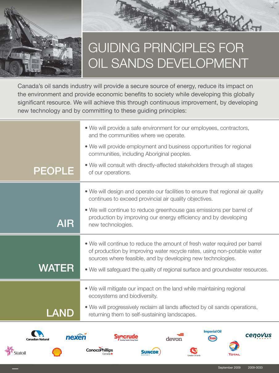 Environmental & Social Performance Guiding Principles for Oil Sands Development People Air Water Land ADVERTISING SPONSORSHIPS