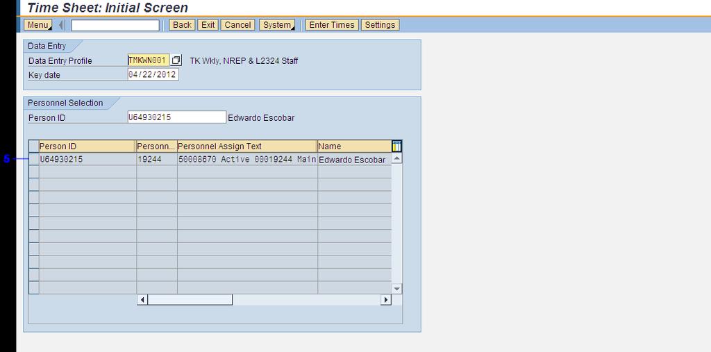 Time Sheet: Initial Screen 5. Click the Row line item next to the Person ID field to highlight the row.