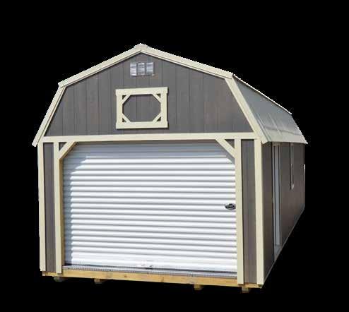 LOFTED GARAGE Standard with a gambrel-style roof profile, 78 walls, one steel door, one 2x3 window, 9 roll up door, diamond plate threshold and 12 on center floor joists for extra strength.
