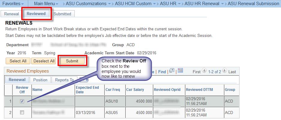 **Note: Those with only the ASU Renewal Approval role will also have access to view the Reviewed tab.