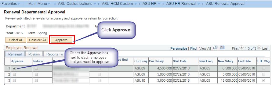 Step 11: Review the renewal data, select the Approve box(s) next to the employee you wish to approve, click the Approval button.