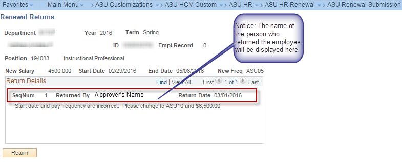 Step 2: Review the Return Details and click the Return button to go back to the Renewal tab.
