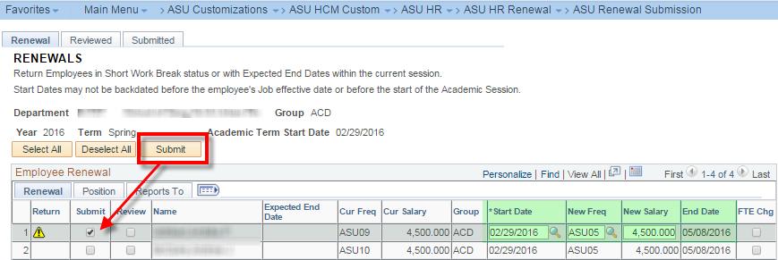 edits to the *Start Date, New Freq, New Salary &/or FTE Chg check box and click the Submit button.