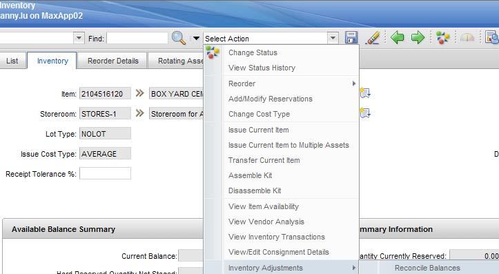 After you are done updated all of the counts, you must reconcile the balances. Click on the Select Action dropdown and select Inventory Adjustment Reconcile Balances.