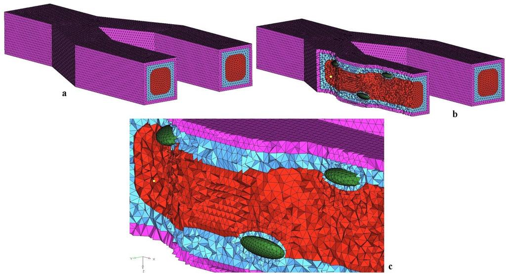 Supplementary Figure 3. 3D computational mesh for fluid dynamic simulations. red = blood, green = nuclei, blue = cytoplasm, purple = PDMS channel. a) Full channel geometry.