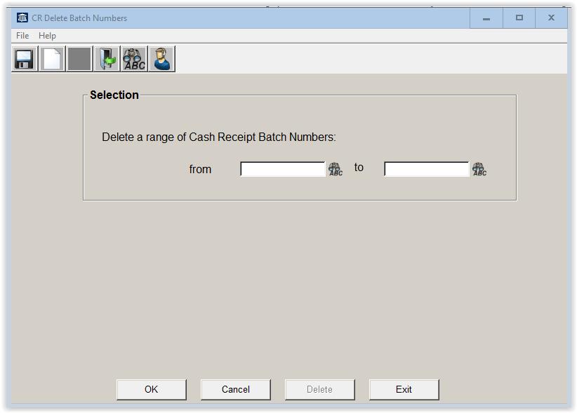 6.40 DELETE REGISTER BATCH HISTORY This option deletes cash receipts history identified by the batch number entry. Cash receipts are usually deleted when they are no longer needed.