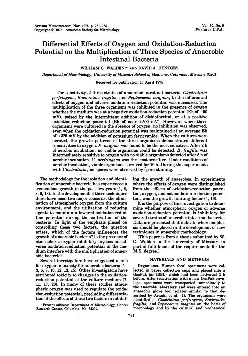 APPUND MICROBIOLOGY, Nov. 75, p. 7-75 Copyright D 75 American Society for Microbiology Vol. 3, No. 5 Printed in U.SA.