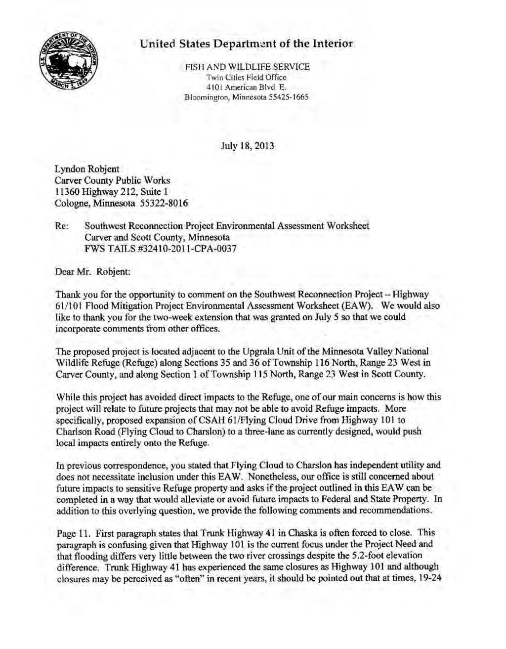 Comment Letter E: United States Department of Interior: Fish and Wildlife Service (page 1 of 3) E1 E2 E3 RESPONSES: E1 No response needed.