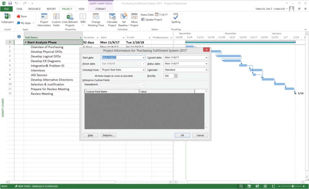 PROJECT START DATE FIGURE 3-27 Establishing a project starting date in Microsoft Project for