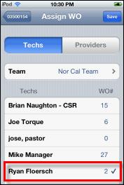 10. Tap the Save button in the top right corner of the screen to assign the work order to the newly selected tech.