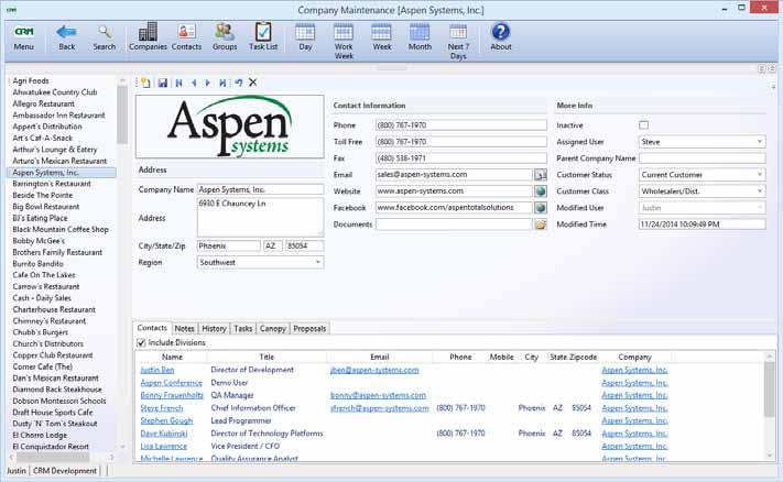 Selected Features of CRM Company and Contact Maintenance Canopy s