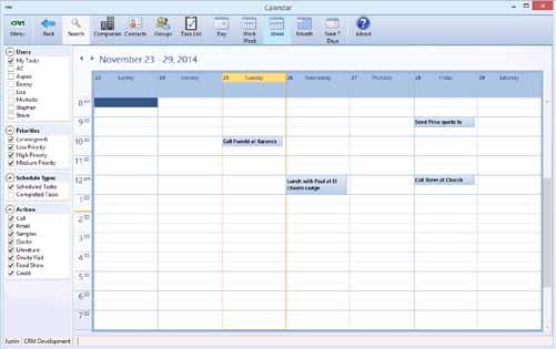 Selected Features of CRM Salesperson Calendar A calendar can be created for each salesperson and viewed by the day, week, or month.