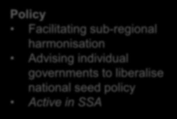 Three Seeds2B models Seeds2B Policy Facilitating sub-regional harmonisation Advising individual governments to liberalise national seed policy