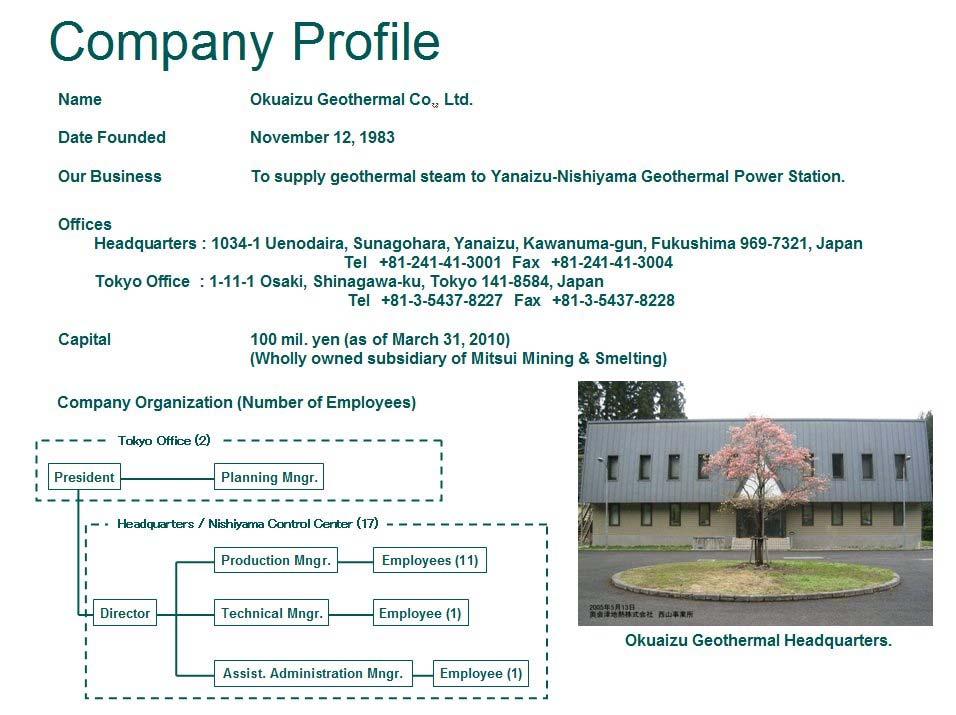 1.3 Corporate structure The wholly-owned subsidiary of Mitsui Mining and Smelting Co., Ltd., Okuaizu Geothermal Co.