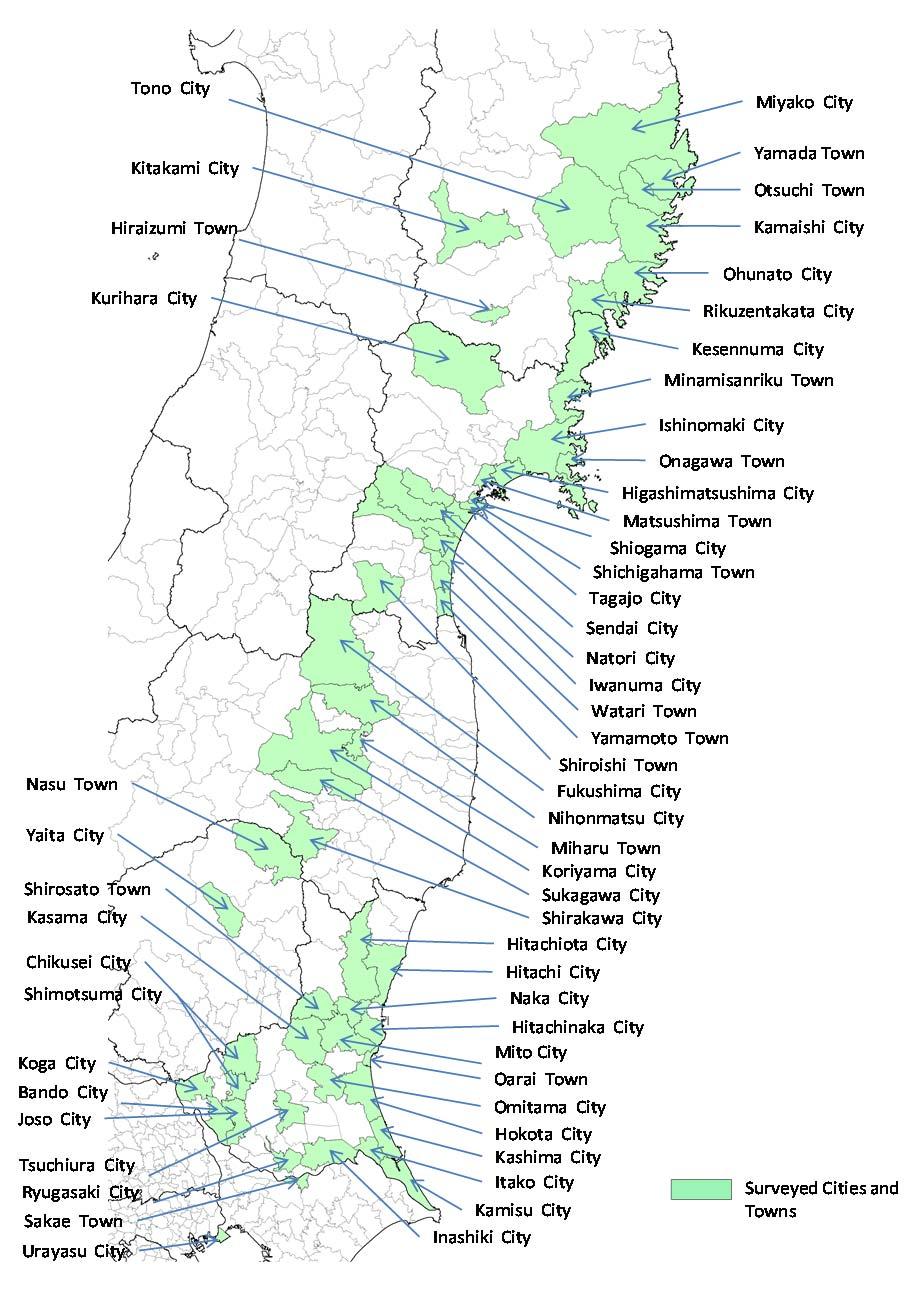 Locations of field surveyed cities and towns <Objectives> Classification and characterization of damage Iwate Miyagi Damage by tsunami Damage by E.Q.