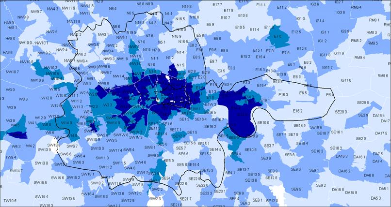 Figure 39: Number of operators in each postal sector, assuming 250m build distance: CLZ Figure 40: Number of operators in each postal sector, assuming 250m build distance: City of London 6.