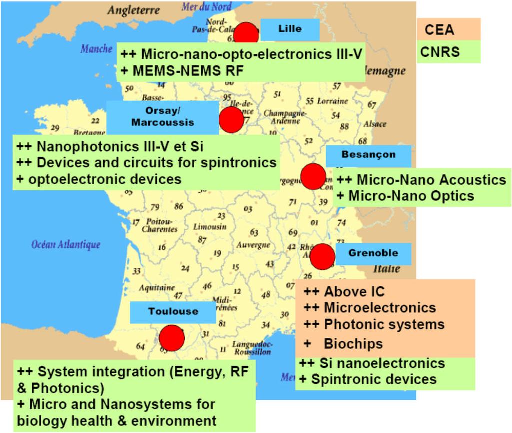 National Map of the BTR Facilities The BTR network in 2010 Seven technological facilities (CEA-CNRS) 14000 m2 clean room (6000 CNRS-8000 CEA) ~2500 researchers 1400 papers 300