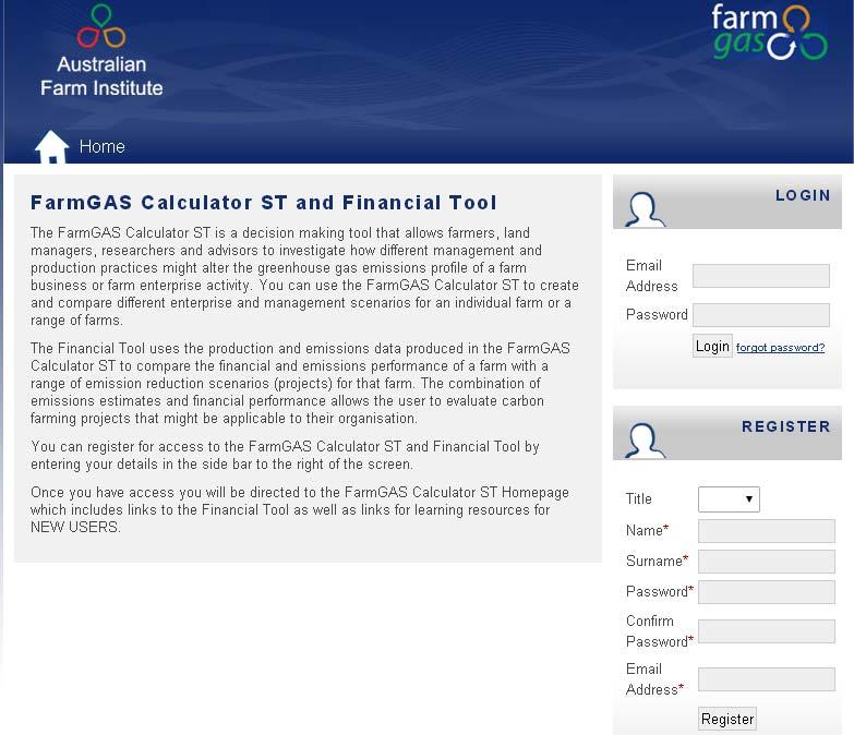 4. Getting Started FarmGAS Calculator Scenario Tool User Guide 4.1. Login to FarmGAS Calculator ST The FarmGAS Calculator ST is accessed from the Australian Farm Institute website www.farminstitute.