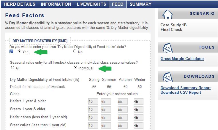 If Yes is, Liveweight and Liveweight gain data fields will expand to allow entry of seasonal values for each class of cattle. B. Feed Factors.