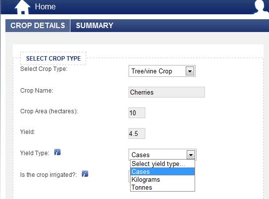 To add a Horticultural crop, select Add a crop In each crop, there are several mandatory fields: Crop type: select from the drop list: Tree/ Vine; or Vegetable crop.