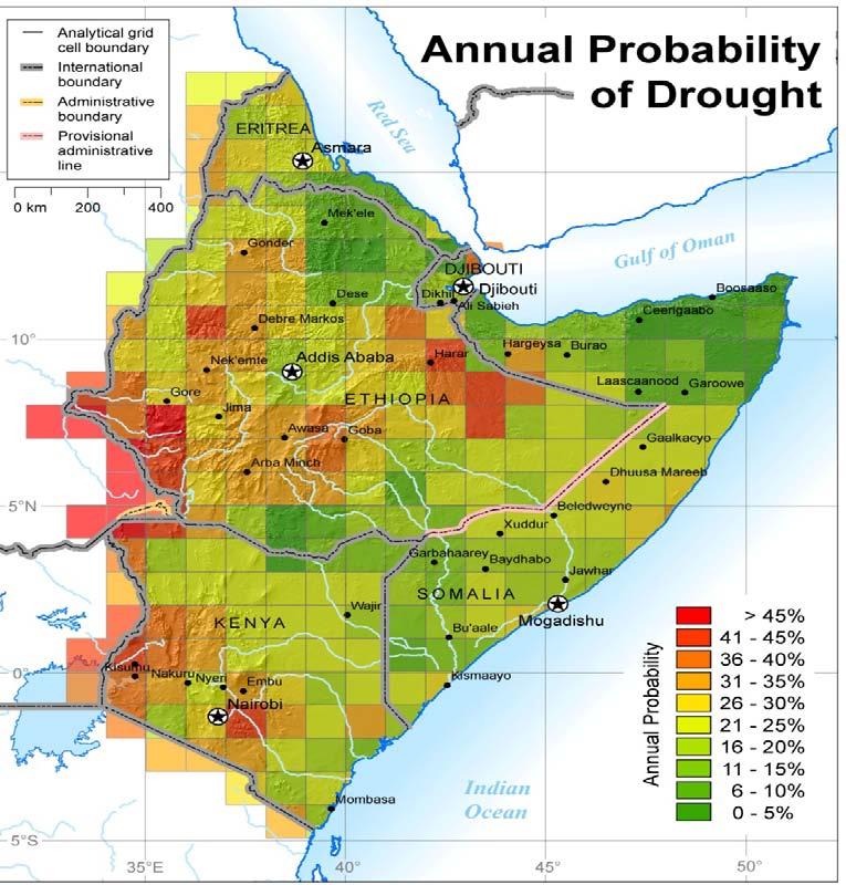 The percentage of droughts changing during the period of 1986-2006 of northeast Africa.