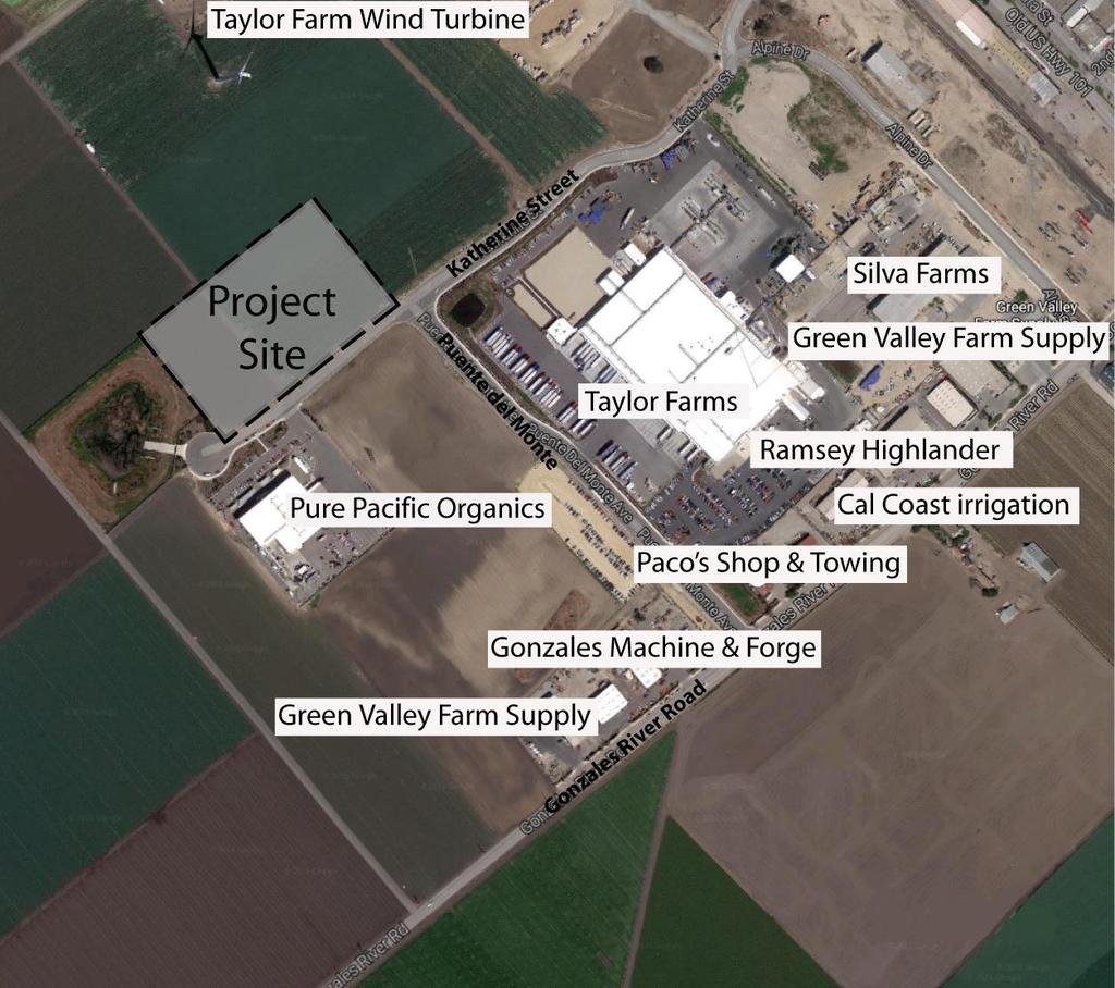 SECTION II. PROJECT DESCRIPTION PAGE II-3 2. Surrounding Uses An aerial photograph from Google Earth (2016) shows adjacent agricultural industrial uses south and east of the project.