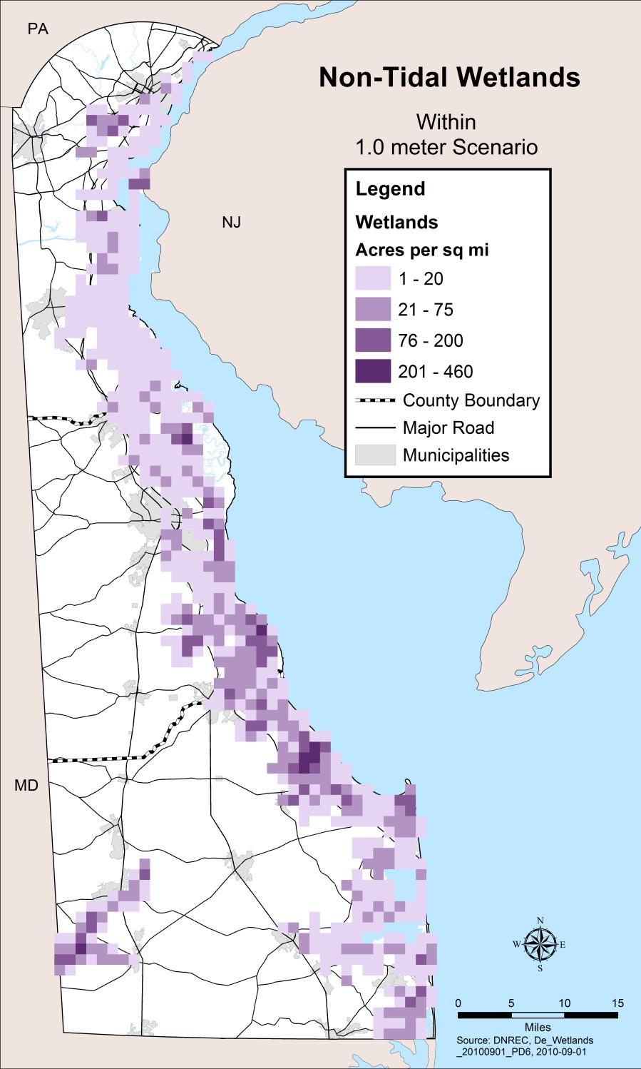 Non-tidal Wetlands 8% to 12% of 163,000 acres potentially inundated Add l impacts may result from saltwater intrusion