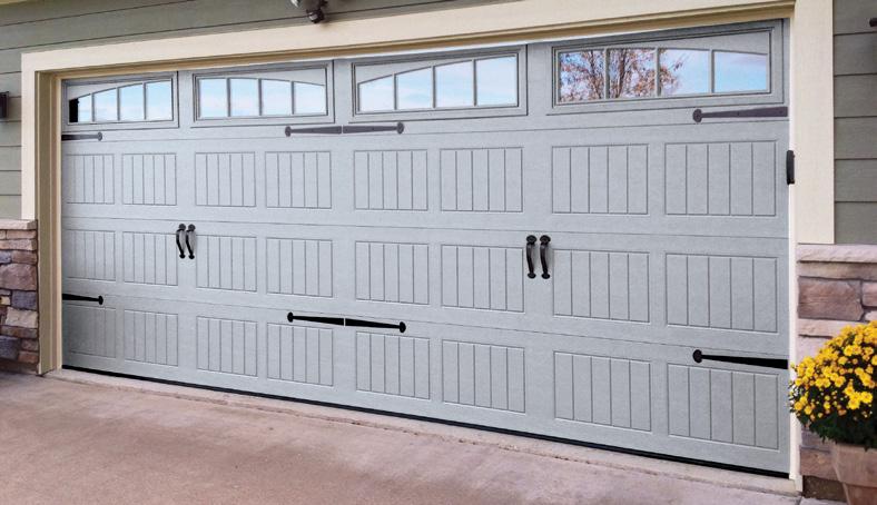 Model 199 7 high V5 double car panel, Gray finish with Wyndbridge 2 windows, Bean style decorative hardware 5 Durable finish Hot-dipped galvanized steel with two coats of baked-on