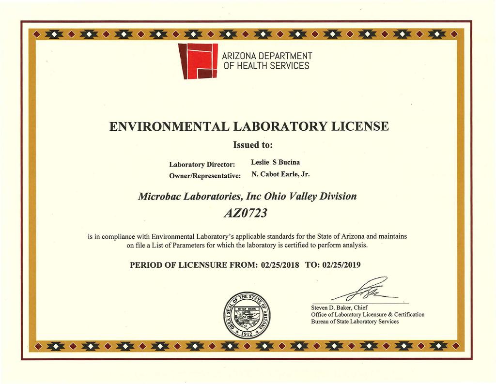 ENVIRONMENTAL LABORATORY LICENSE Issued to: Laboratory Director: Owner/Representative: Leslie S Bucina N. Cabot Earle, Jr.