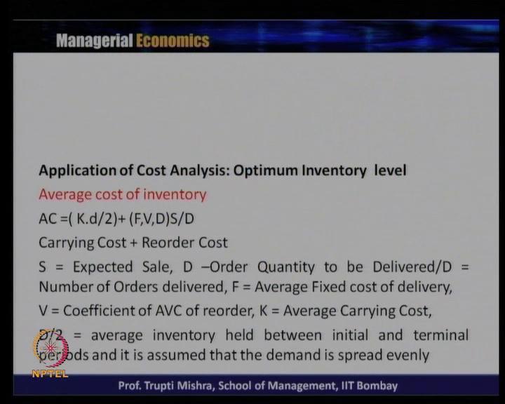 (Refer Slide Time: 10:24) So, let us look at how to find out the optimum inventory level, so there are two types of cost involved over here, one that is carrying cost, generally it includes the