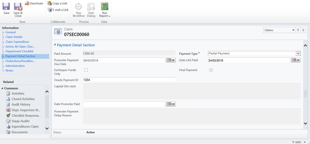 (4) The Department navigates to the Payment Detail tab, populates the Paid Date and Oracle Payment ID and clicks Save.