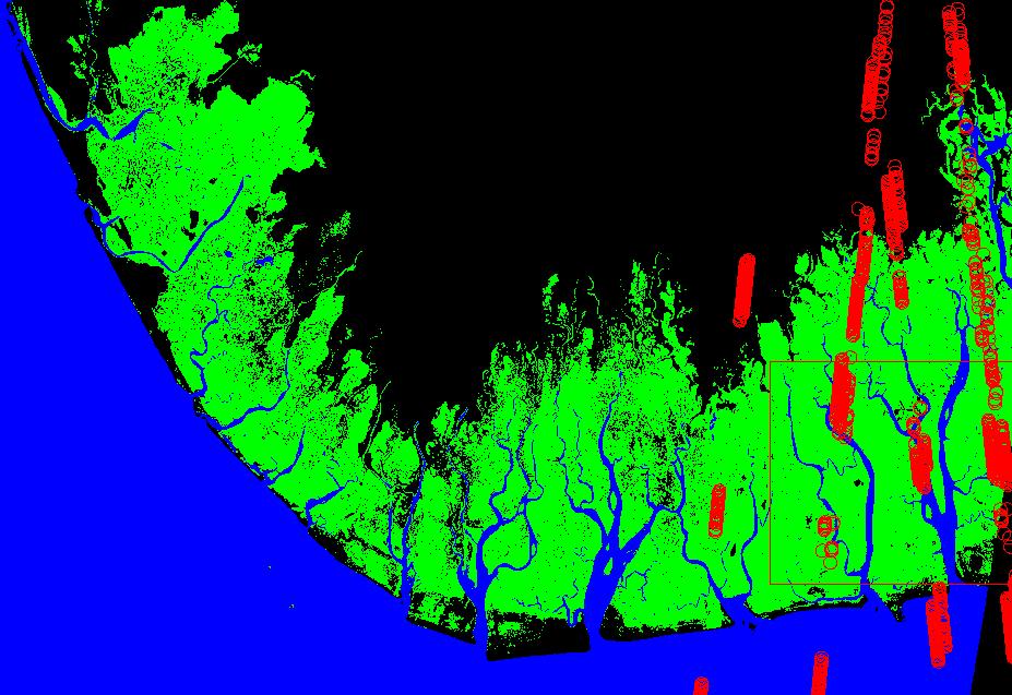 Figure 1 Example of the available GLAS footprints available over the mangrove