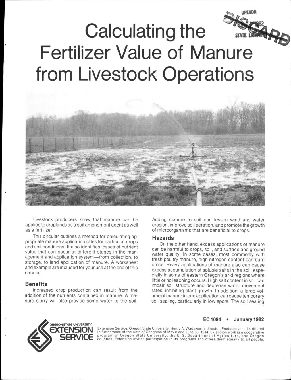 Calculating the Fertilizer Value of Manure from Livestock Operations.,I.. I I L.L --..'.
