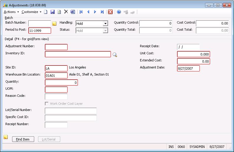 100 Inventory The Lot/Serial Number field is enabled only when a Specific Identification valuation method item is specified and Link to Specific Cost Id is selected on Lot/Serial Number Setup (10.250.