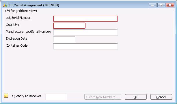 Data Entry Screens 121 Lot/Serial Assignment (10.070.00) Use Lot/Serial Assignment (10.070.00) to assign lot or serial numbers to an item during transaction processing.