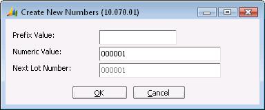 Data Entry Screens 123 Create New Numbers (10.070.01) Create New Numbers (10.070.01) is opened by clicking Create New Numbers on Lot/Serial Assignment (10.070.00).