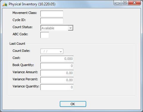 156 Inventory OK (button) Click OK to return to Inventory Status Inquiry (10.220.
