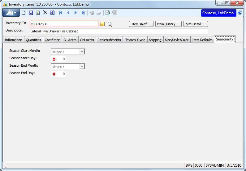 222 Inventory Inventory Items, Seasonality Tab Inventory Items (10.250.00), Seasonality tab, enables you to define the seasonal dates associated with the inventory item.