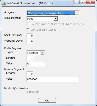 Maintenance Screens 223 Lot/Serial Number Setup (10.250.01) Use Lot/Serial Number Setup (10.250.01) to enter the information required to automatically generate an item s lot or serial number.