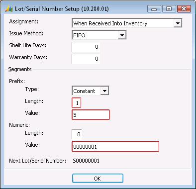 264 Inventory Lot/Serial Number Setup (10.280.01) Use Lot/Serial Number Setup (10.280.01) to set up default lot and serial number information by inventory product class.