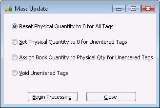 318 Inventory Mass Update Use Mass Update to reset physical quantities. Figure 91: Mass Update Following are the field descriptions for Mass Update.