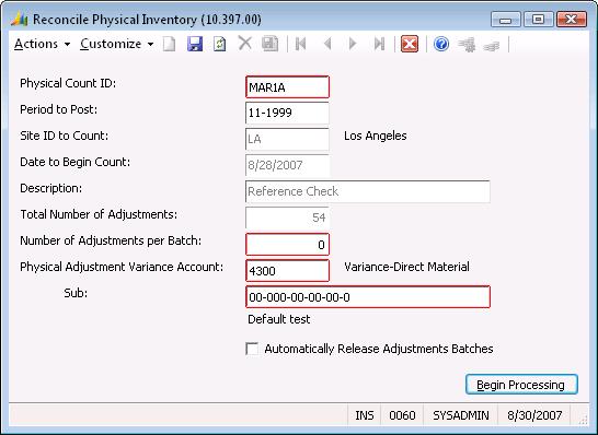 330 Inventory Reconcile Physical Inventory (10.397.00) Use Reconcile Physical Inventory (10.397.00) to create adjustment batches that can be reviewed and released in Adjustments (10.030.00). These adjustments will update the Inventory database with the book-to-physical quantities when the batches are released.