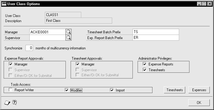 CHAPTER 2 SYSTEM SETUP Setting up user class options Use the User Class Options window to select options to be used for the user class selected in the User Class Setup window.