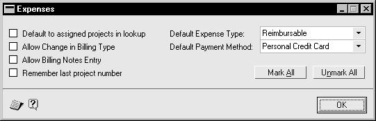 CHAPTER 2 SYSTEM SETUP To set up user class expense report options: 1. Open the Expenses window. Setup >> System >> User Classes >> Select a user class >> Options button >> Expenses button 2.