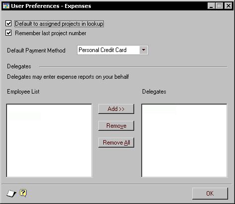 PART 1 INSTALLATION AND SETUP Setting up expense report preferences Use the User Preferences Expenses window to select your expense report preferences and assign delegates to enter your expense